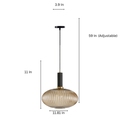 Modern amber pendant light with striped glass shade and black metal body, adjustable height chandelier for dining room, living room, and kitchen.