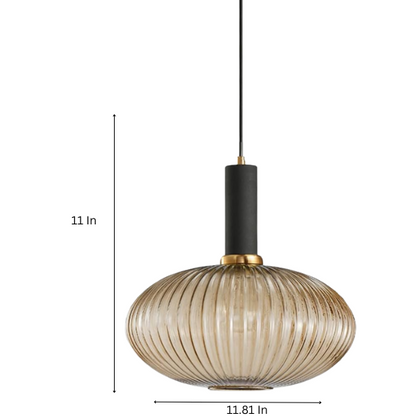 Modern amber pendant light with striped glass shade and black metal body, adjustable height chandelier for dining room, living room, and kitchen.