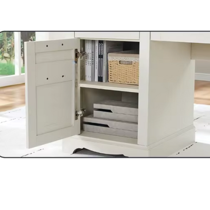 Antique White Executive Desk with Rustic Farmhouse Style, Storage, Keyboard Tray, and Charging Station