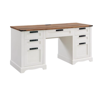 Antique White Executive Desk with Rustic Farmhouse Style, Storage, Keyboard Tray, and Charging Station
