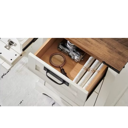 Antique White Executive Desk with Rustic Farmhouse Style, Storage, Keyboard Tray, and Charging Station