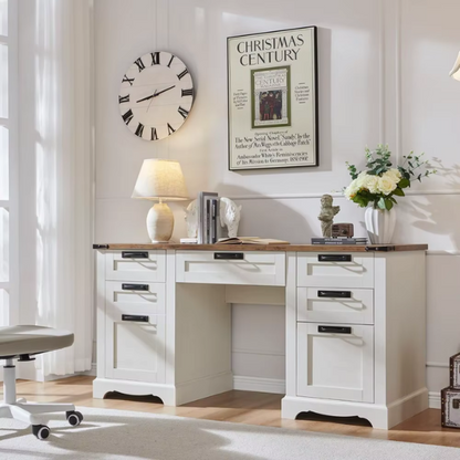 Antique White Executive Desk with Rustic Farmhouse Style, Storage, Keyboard Tray, and Charging Station