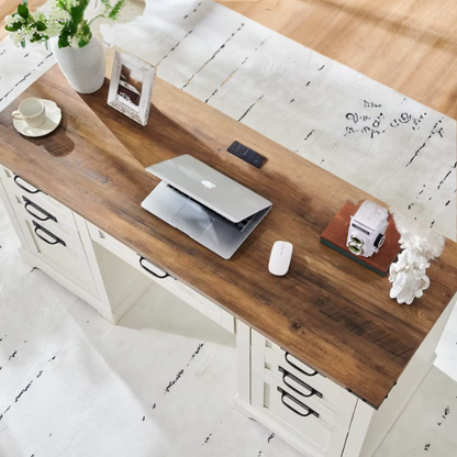 Antique White Executive Desk with Rustic Farmhouse Style, Storage, Keyboard Tray, and Charging Station