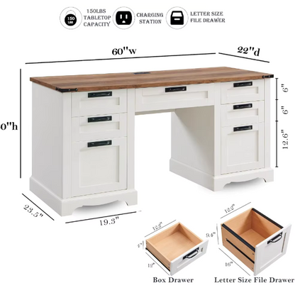 Antique White Executive Desk with Rustic Farmhouse Style, Storage, Keyboard Tray, and Charging Station