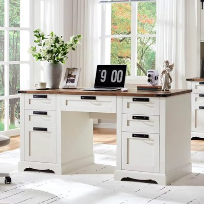 Antique White Executive Desk with Rustic Farmhouse Style, Storage, Keyboard Tray, and Charging Station