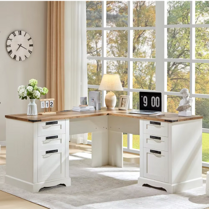 Antique White Farmhouse L-Shaped Executive Desk with Storage and Charging Station