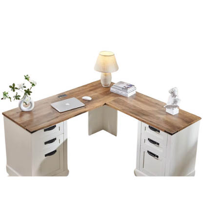 Antique White Farmhouse L-Shaped Executive Desk with Storage and Charging Station