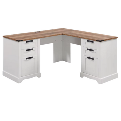 Antique White Farmhouse L-Shaped Executive Desk with Storage and Charging Station