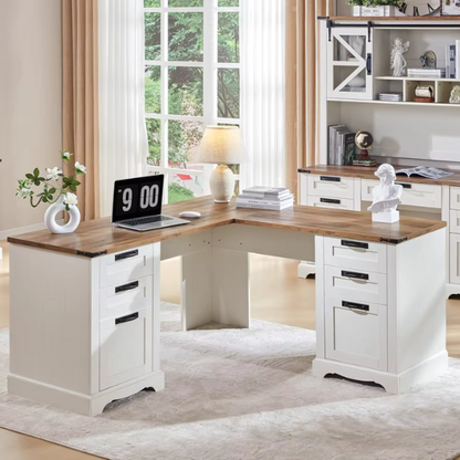 Antique White Farmhouse L-Shaped Executive Desk with Storage and Charging Station