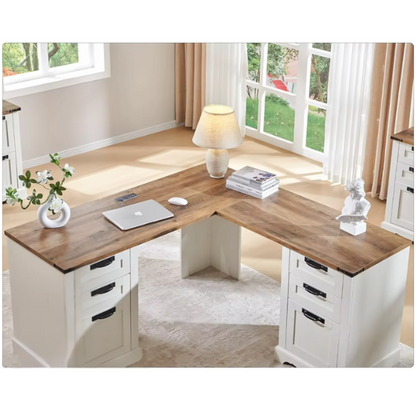Antique White Farmhouse L-Shaped Executive Desk with Storage and Charging Station