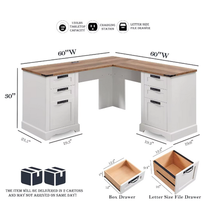 Antique White Farmhouse L-Shaped Executive Desk with Storage and Charging Station