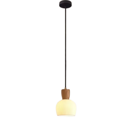 Ash wood pendant light with white ceramic shade for modern kitchen and living room decor.