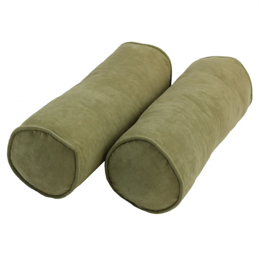 Set of 2 avocado green bolster throw pillows with soft microsuede covers, corded edges, and plush polyester fill, perfect for adding a natural, vibrant touch to your home décor.

