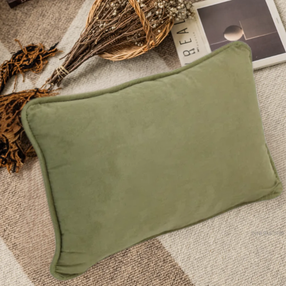 Avocado green microsuede lumbar throw pillow set of 2 with piped edges – decorative rectangular cushions for sofa, bed, and lounge chairs