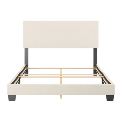 Beige bouclé upholstered queen panel bed with rectangular padded headboard and wood frame, box spring required