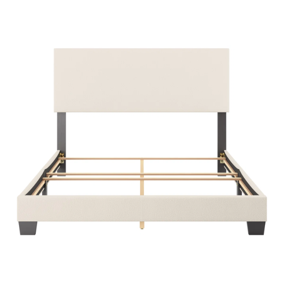 Beige bouclé upholstered queen panel bed with rectangular padded headboard and wood frame, box spring required