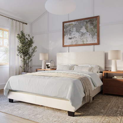 Beige bouclé upholstered queen panel bed with rectangular padded headboard and wood frame, box spring required
