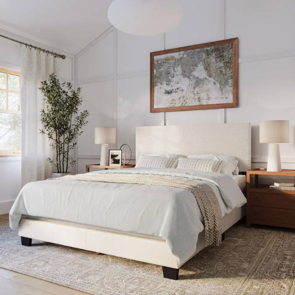 Beige bouclé upholstered queen panel bed with rectangular padded headboard and wood frame, box spring required