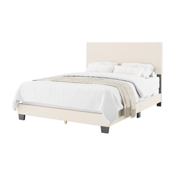Beige bouclé upholstered queen panel bed with rectangular padded headboard and wood frame, box spring required