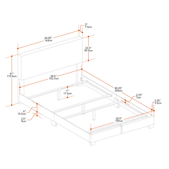 Beige bouclé upholstered queen panel bed with rectangular padded headboard and wood frame, box spring required