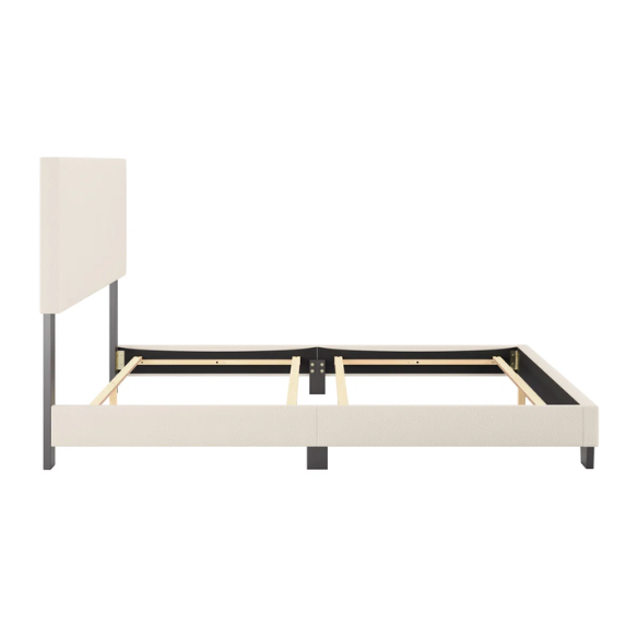 Beige bouclé upholstered queen panel bed with rectangular padded headboard and wood frame, box spring required