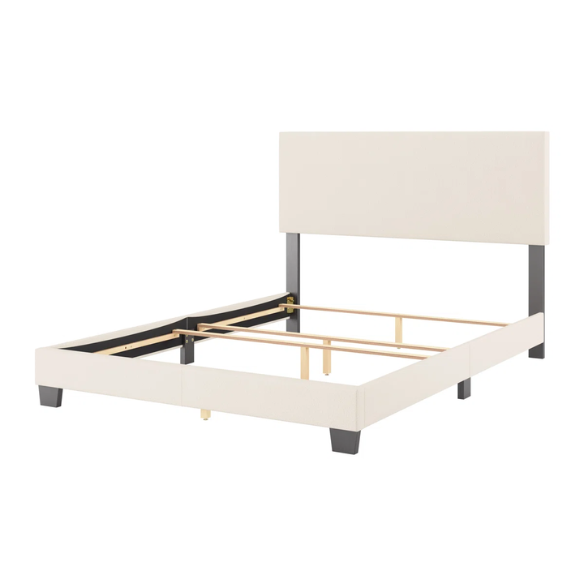 Beige bouclé upholstered queen panel bed with rectangular padded headboard and wood frame, box spring required