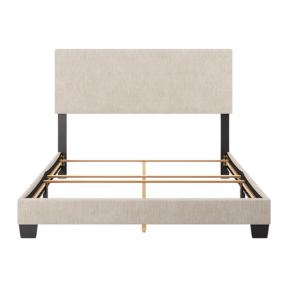 Beige polyester upholstered queen panel bed with rectangular padded headboard and wood frame, box spring required