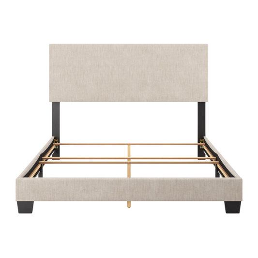 Beige polyester upholstered queen panel bed with rectangular padded headboard and wood frame, box spring required