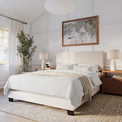 Beige polyester upholstered queen panel bed with rectangular padded headboard and wood frame, box spring required