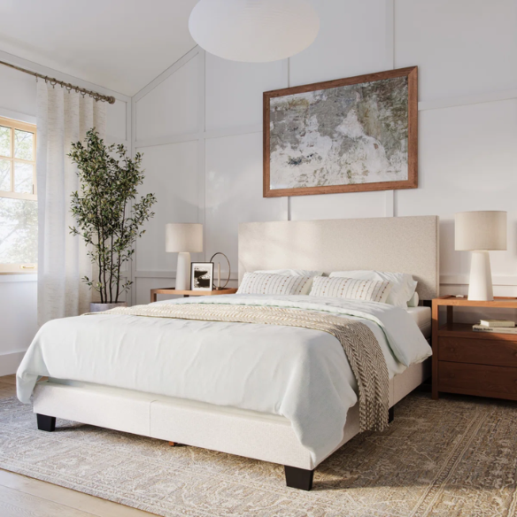 Beige polyester upholstered queen panel bed with rectangular padded headboard and wood frame, box spring required