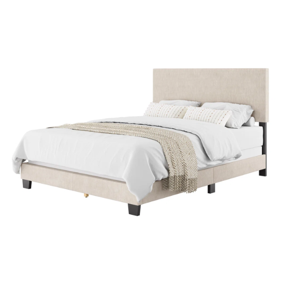 Beige polyester upholstered queen panel bed with rectangular padded headboard and wood frame, box spring required