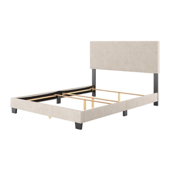 Beige polyester upholstered queen panel bed with rectangular padded headboard and wood frame, box spring required