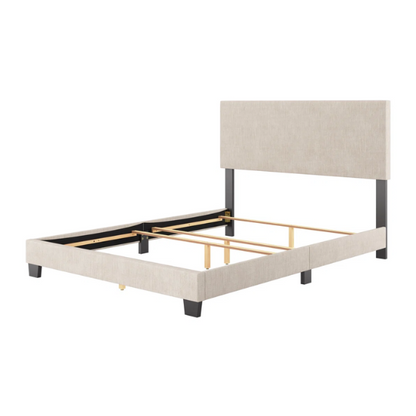 Beige polyester upholstered queen panel bed with rectangular padded headboard and wood frame, box spring required