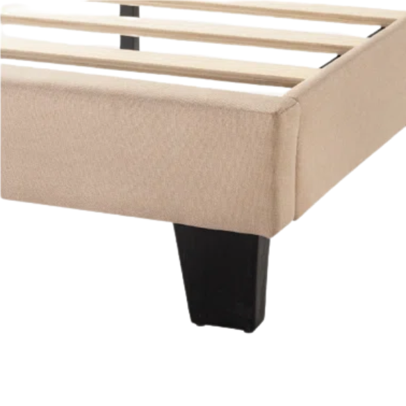 Beige upholstered queen platform bed with tufted headboard and no-box-spring slatted base