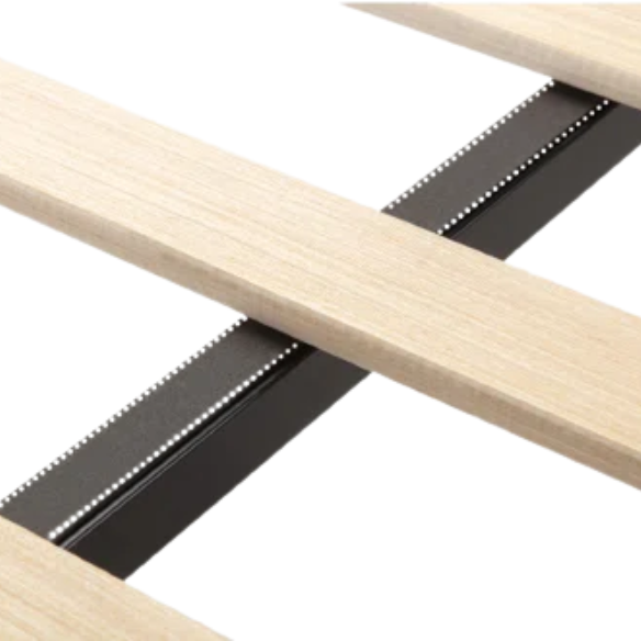 Beige upholstered queen platform bed with tufted headboard and no-box-spring slatted base