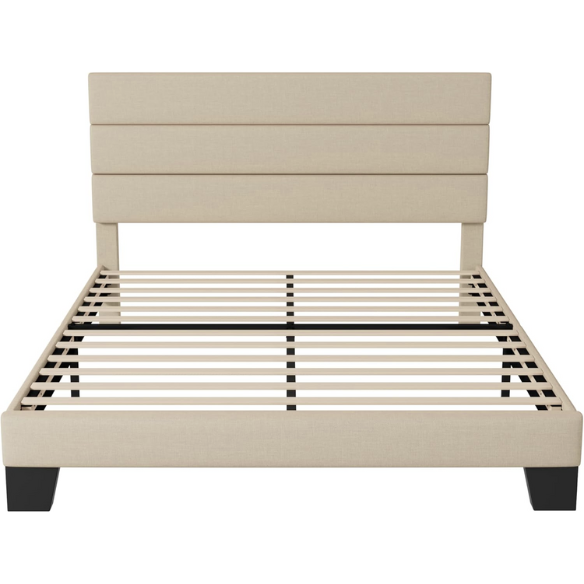 Beige upholstered queen platform bed with tufted headboard and no-box-spring slatted base