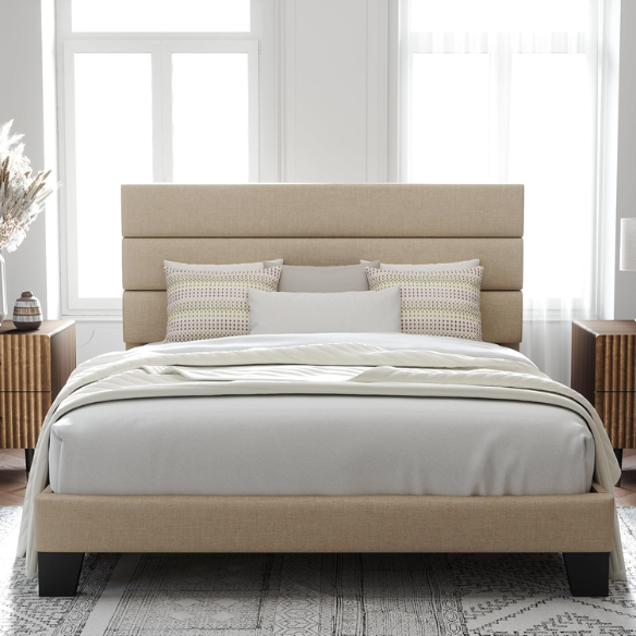 Beige upholstered queen platform bed with tufted headboard and no-box-spring slatted base