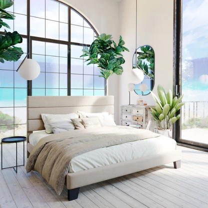 Beige upholstered queen platform bed with tufted headboard and no-box-spring slatted base
