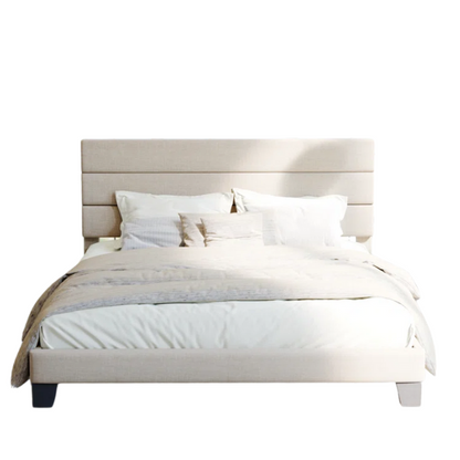 Beige upholstered queen platform bed with tufted headboard and no-box-spring slatted base