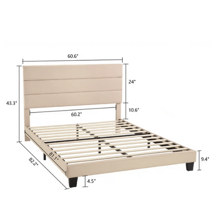Beige upholstered queen platform bed with tufted headboard and no-box-spring slatted base
