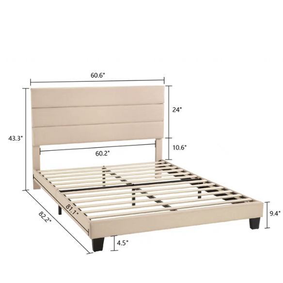 Beige upholstered queen platform bed with tufted headboard and no-box-spring slatted base