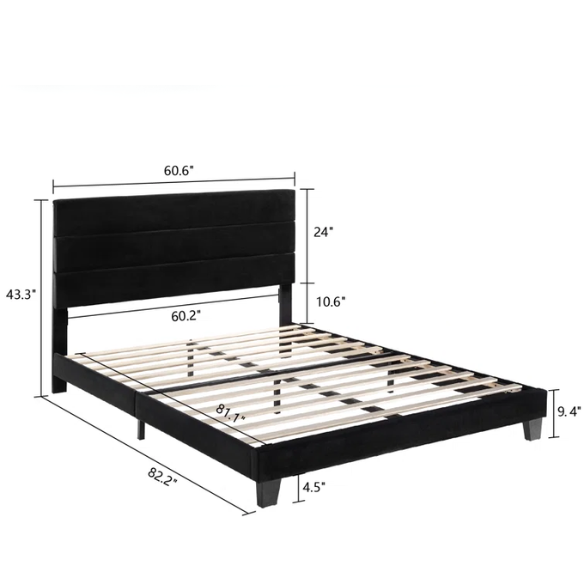 Black velvet upholstered queen platform bed with tufted headboard and slatted base, no box spring required

