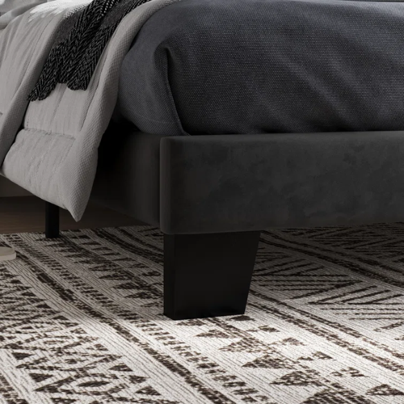 Black velvet upholstered queen platform bed with tufted headboard and slatted base, no box spring required

