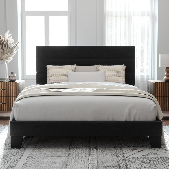Black velvet upholstered queen platform bed with tufted headboard and slatted base, no box spring required

