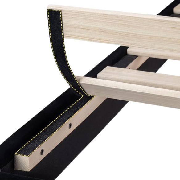 Black velvet upholstered queen platform bed with tufted headboard and slatted base, no box spring required

