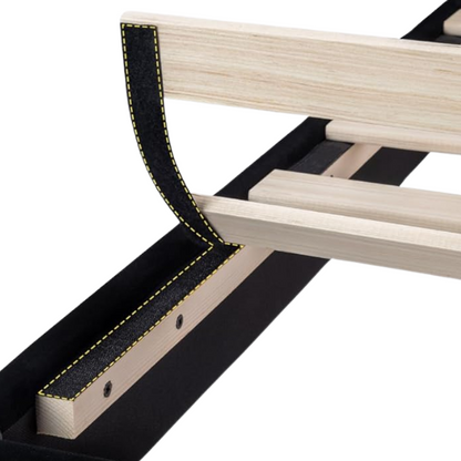Black velvet upholstered queen platform bed with tufted headboard and slatted base, no box spring required

