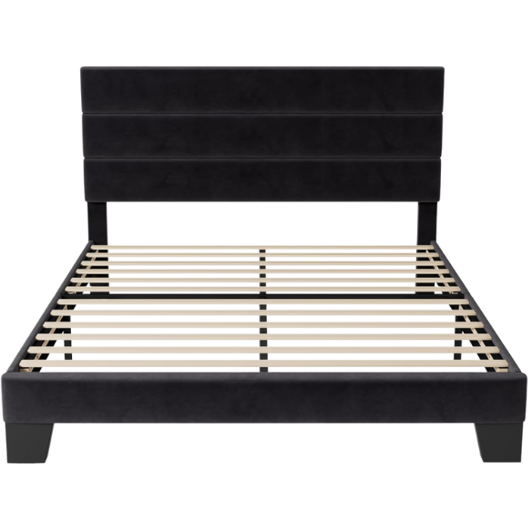 Black velvet upholstered queen platform bed with tufted headboard and slatted base, no box spring required

