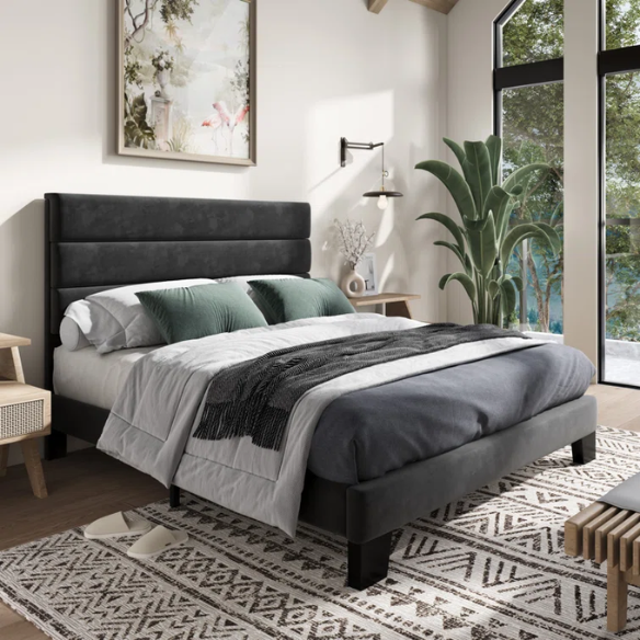 Black velvet upholstered queen platform bed with tufted headboard and slatted base, no box spring required

