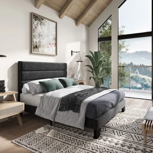 Black velvet upholstered queen platform bed with tufted headboard and slatted base, no box spring required

