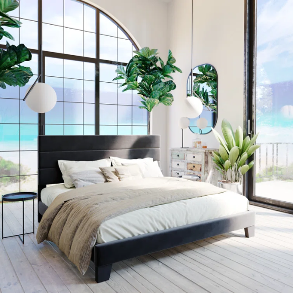 Black velvet upholstered queen platform bed with tufted headboard and slatted base, no box spring required

